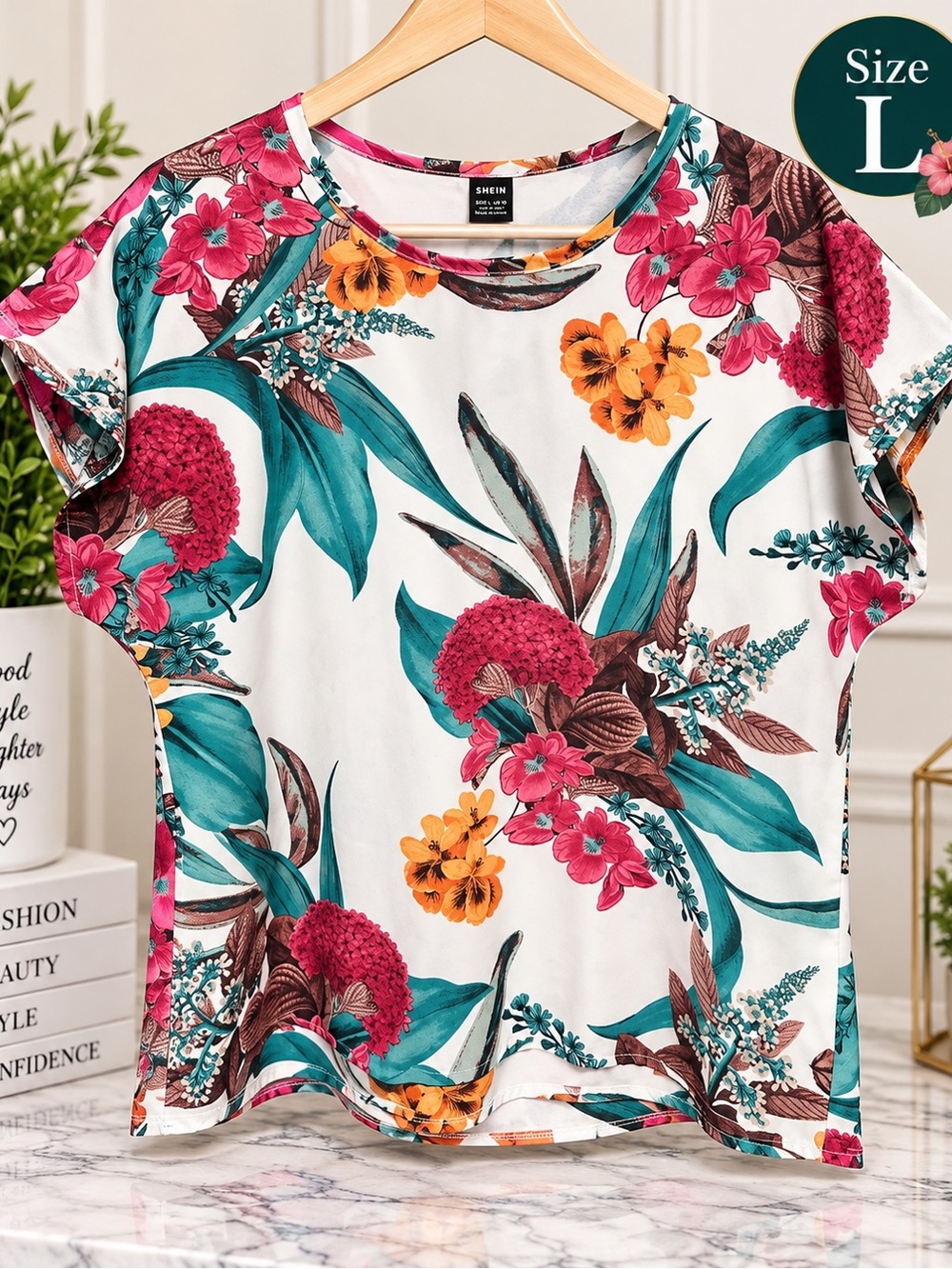 SHEIN White Tropical Floral Short Sleeve Top - Teal, Pink & Yellow . 5 Pcs Blous